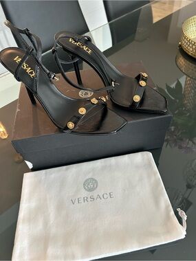 NEW Versace Black Leather Strappy Stiletto Sandals with Gold Medallion Hardware